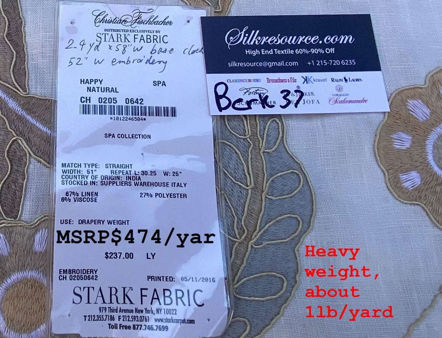 1 Berkbox37 Length Scalamandre Happy In Natural Embroidery Large Scale Crewel White Gray 2.4yds MSRP USD 474/yard