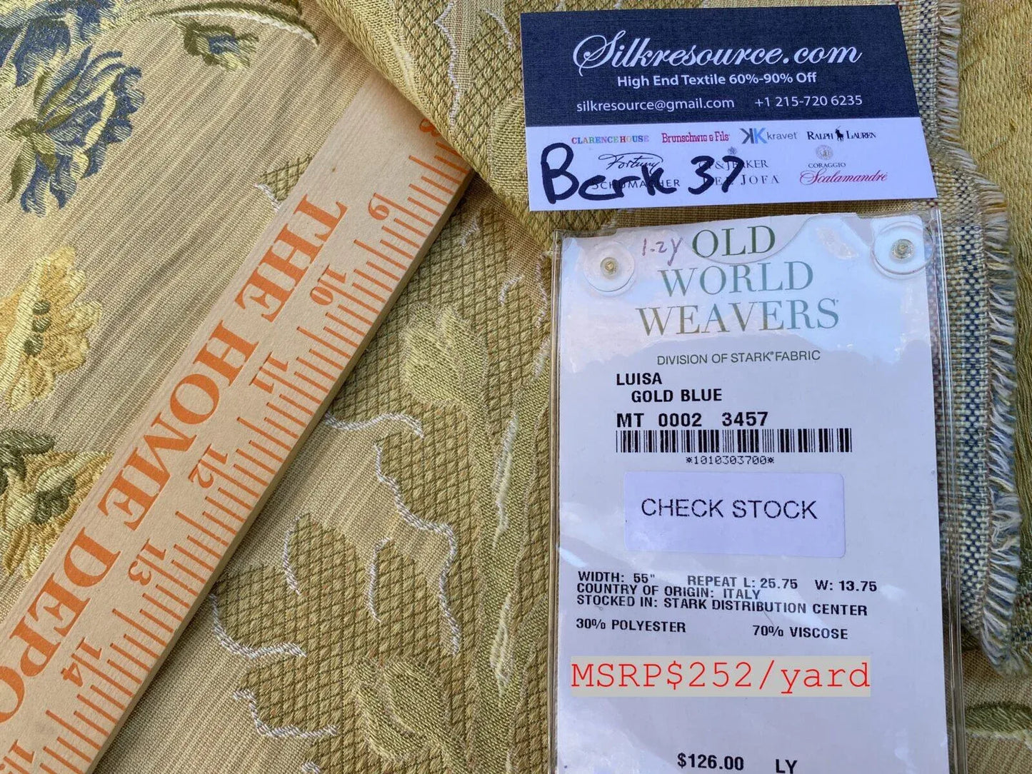 3 Berkbox37 Length Scalamandre Louisa Blue Gold Classy Lampas Flower 1.2yd MSRP USD 252/Y