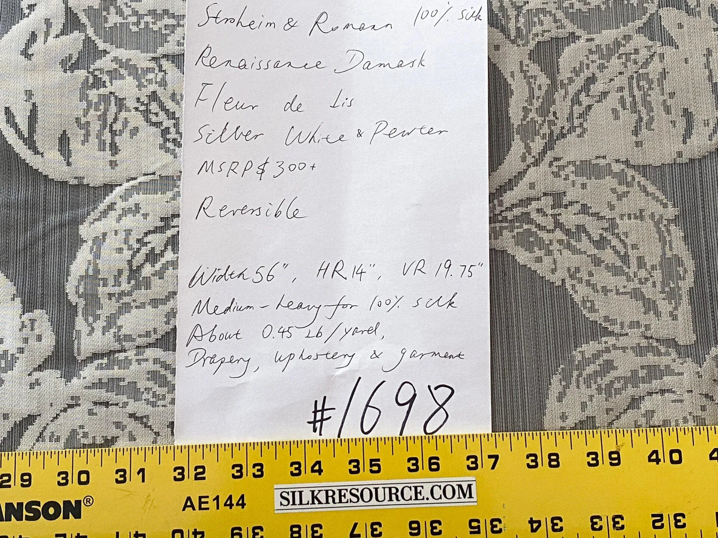 Stroheim &amp; Romann Luxurious 100% Silk Renaissance Medallion Fleur De Lis Damask Silver White Pewter MSRP USD300+/Y