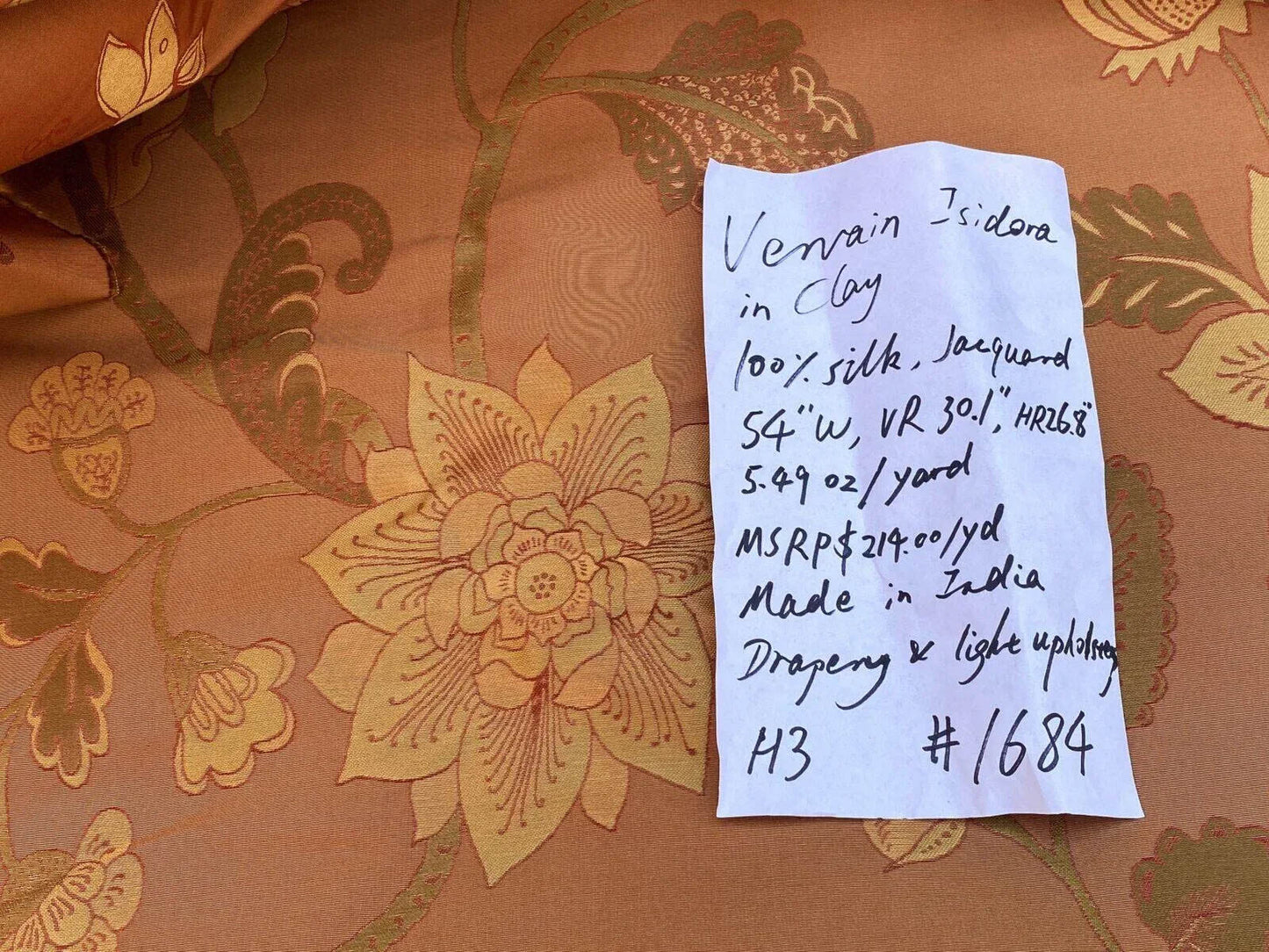 Vervain Fabricut 100% Silk Isidora Romantic Floral Damask In Clay Red Copper Gold MSRP USD 214/Y