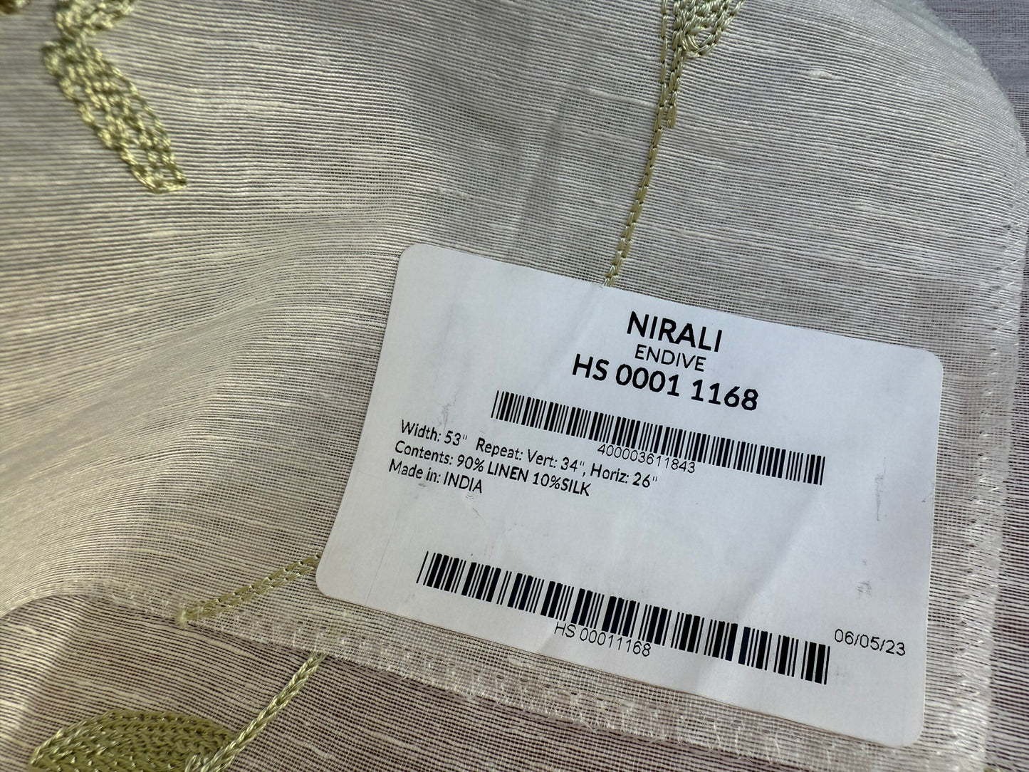 40 Berkbox106 17" x 17" Square Scalamandre Nirali Endive Dreamy Silk Linen Sheer with Embroidery Green on White Floral Silk Linen MSRP USD 238/y