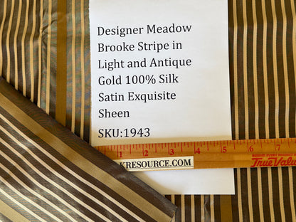 Designer Meadow Brooke Stripe in  Chocolate Brown Light and Antique Gold 100% Silk Satin