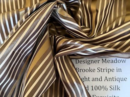 Designer Meadow Brooke Stripe in  Chocolate Brown Light and Antique Gold 100% Silk Satin