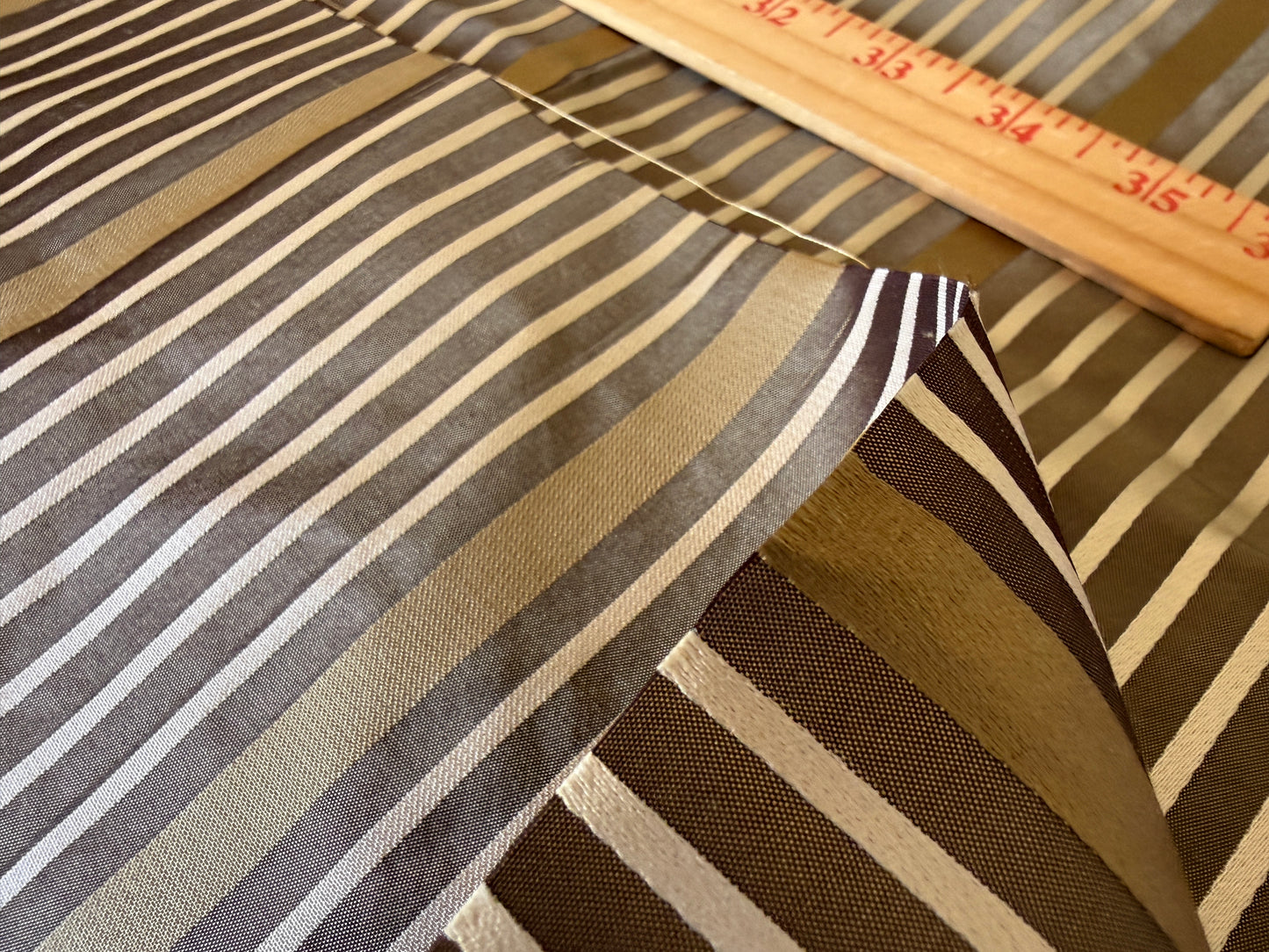 Designer Meadow Brooke Stripe in  Chocolate Brown Light and Antique Gold 100% Silk Satin