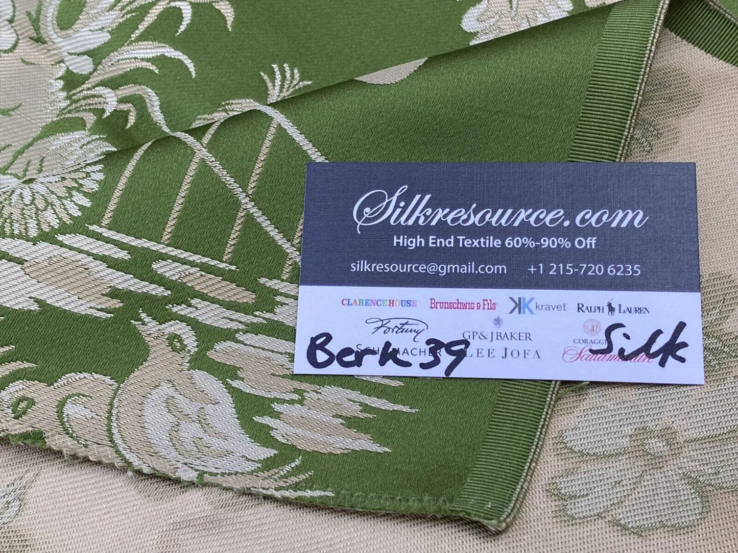 2 Berkbox39 Tassinari &amp; Chatel Scalamandre Jardin Chinois Vert Green Silk Brocade MSRP USD 1000+/panel