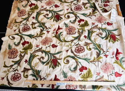 1 Berkbox107 2yards x 47"w Scalamandre Old World Weavers Devin Crewel Pastel Floral Botanical Wool Embroidery on Cotton Beige MSRP USD456/y