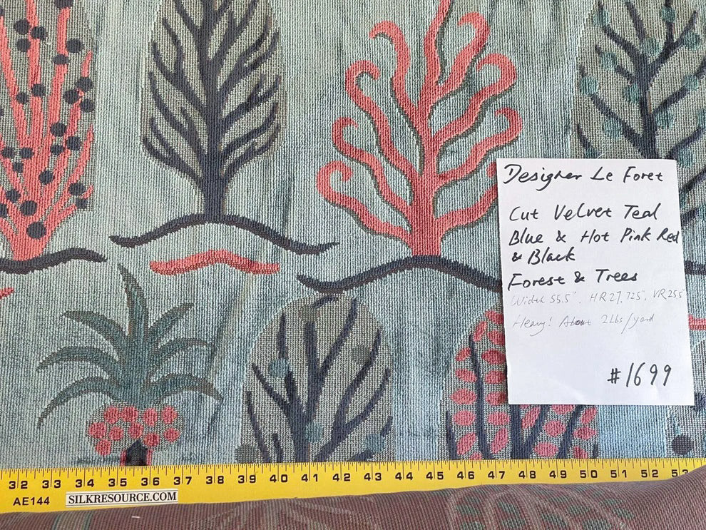By Yard Designer Cut Velvet Le Foret Tree Forest Fairy Tale Teal Blue Hot Pink Silky