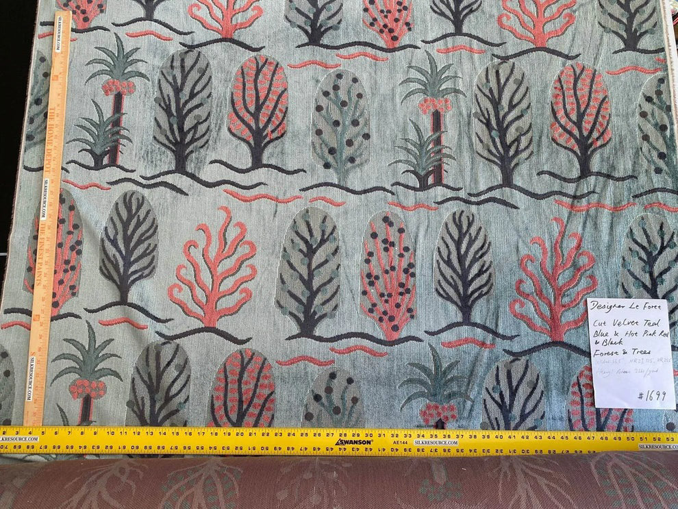 By Yard Designer Cut Velvet Le Foret Tree Forest Fairy Tale Teal Blue Hot Pink Silky