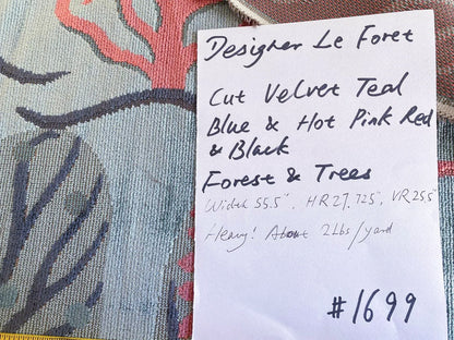 By Yard Designer Cut Velvet Le Foret Tree Forest Fairy Tale Teal Blue Hot Pink Silky
