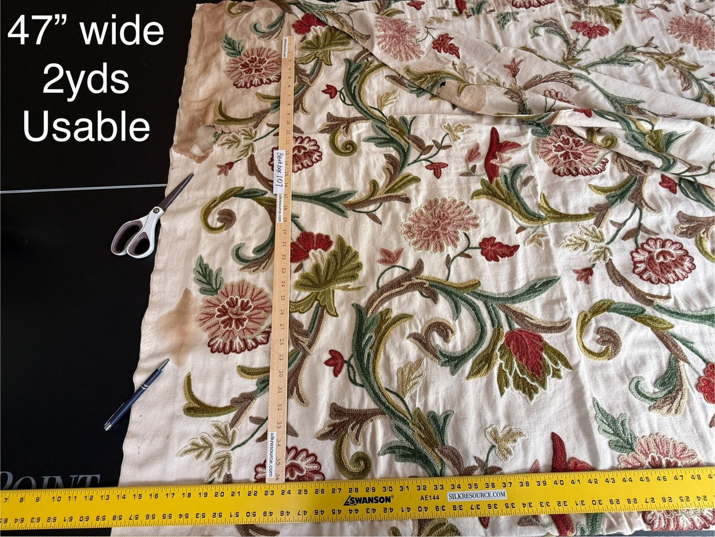 1 Berkbox107 2yards x 47"w Scalamandre Old World Weavers Devin Crewel Pastel Floral Botanical Wool Embroidery on Cotton Beige MSRP USD456/y