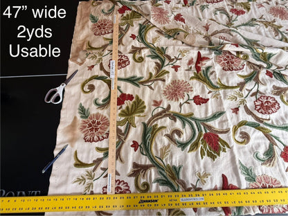 1 Berkbox107 2yards x 47"w Scalamandre Old World Weavers Devin Crewel Pastel Floral Botanical Wool Embroidery on Cotton Beige MSRP USD456/y
