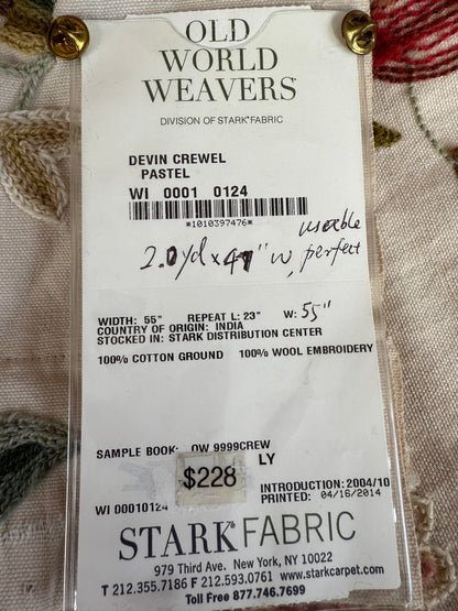 1 Berkbox107 2yards x 47"w Scalamandre Old World Weavers Devin Crewel Pastel Floral Botanical Wool Embroidery on Cotton Beige MSRP USD456/y