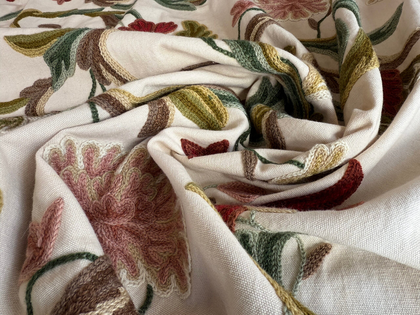 1 Berkbox107 2yards x 47"w Scalamandre Old World Weavers Devin Crewel Pastel Floral Botanical Wool Embroidery on Cotton Beige MSRP USD456/y