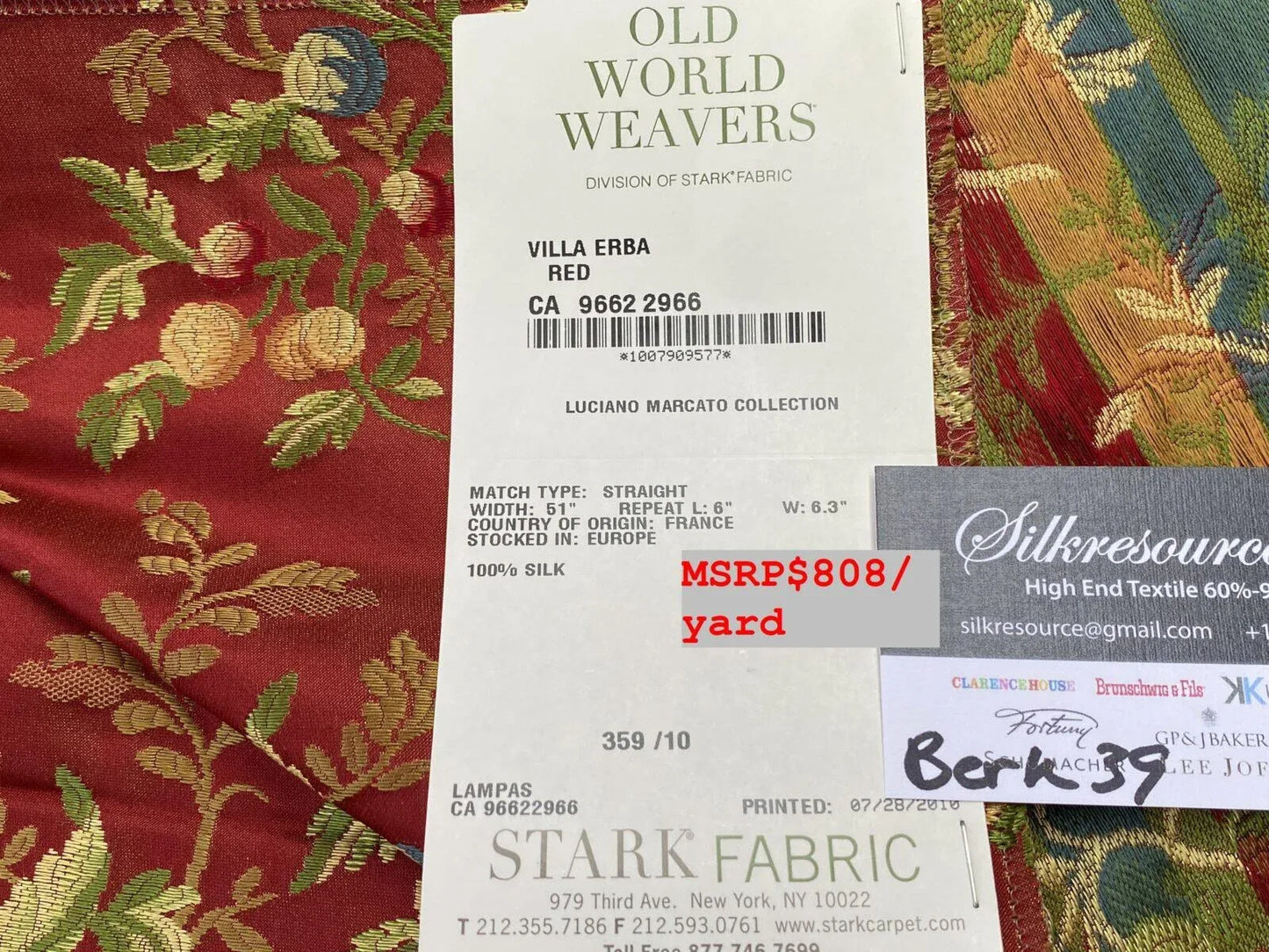 4 Berkbox39 Scalamandre Old World Weavers Silk Villa Erba Red MSRP USD 808/Y
