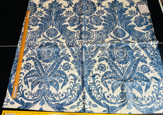 4 Berkbox107 1.2yards Scalamandre Luciana Damask Linen Print Denim Print Blue White MSRP USD 346/y