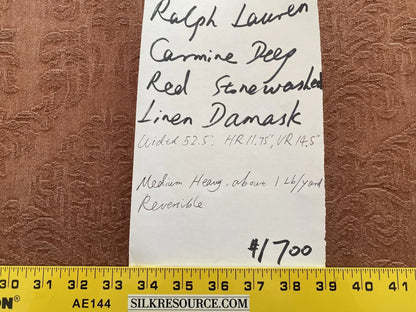 Ralph Lauren Carmine Red Raspberry Stoned Washed Linen Damask in Renaissance Medallion