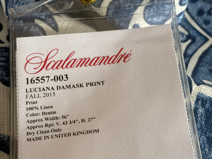 4 Berkbox107 1.2yards Scalamandre Luciana Damask Linen Print Denim Print Blue White MSRP USD 346/y