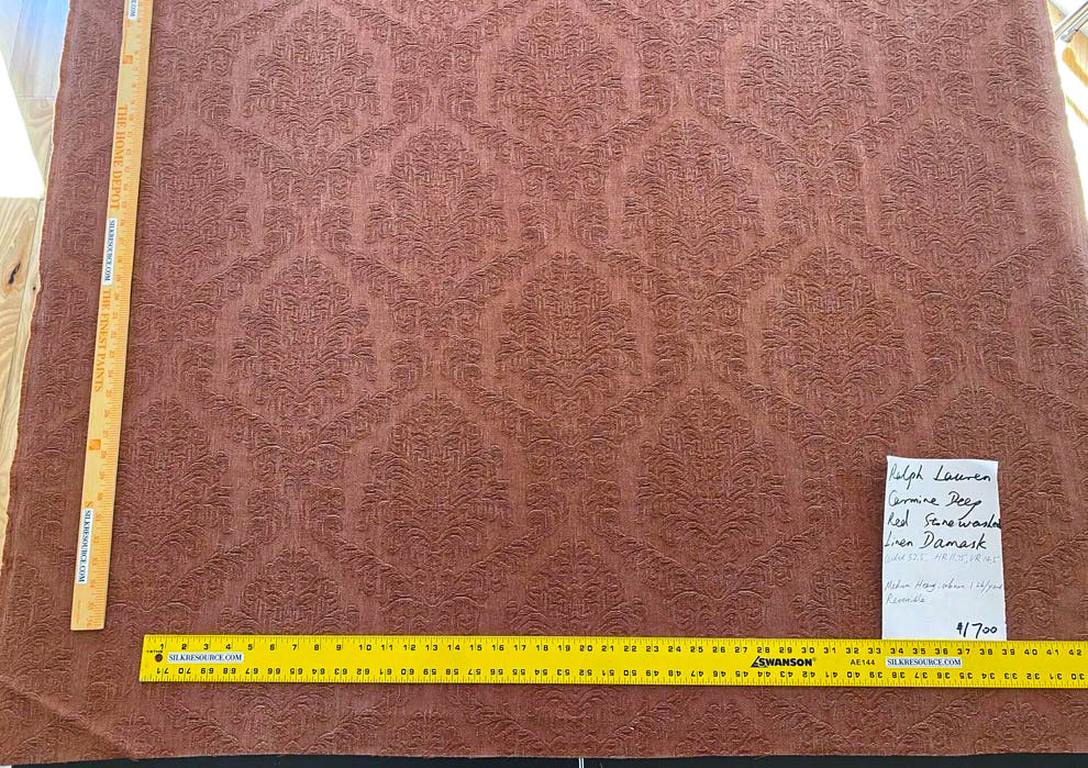 By Yard Ralph Lauren Carmine Red Raspberry Stoned Washed Linen Damask in Renaissance Medallion