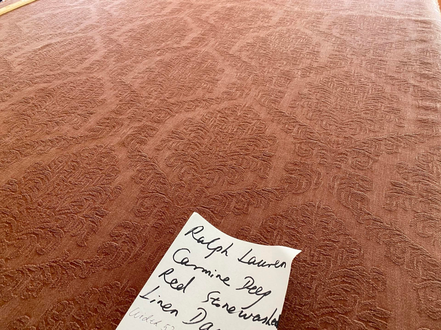 Ralph Lauren Carmine Red Raspberry Stoned Washed Linen Damask in Renaissance Medallion