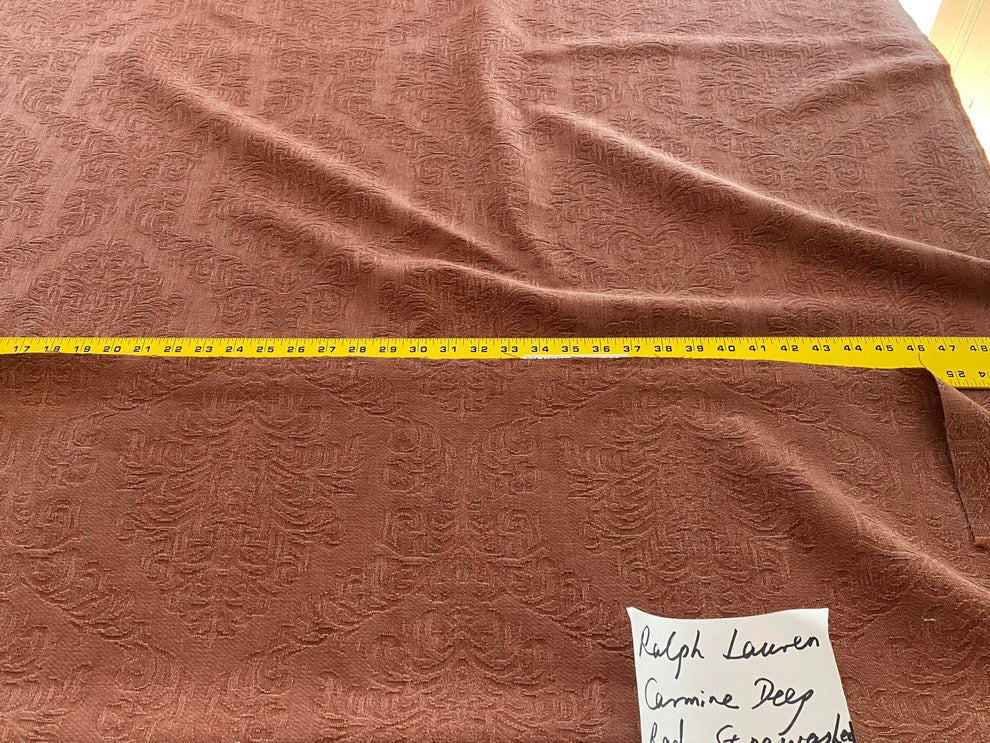 By Yard Ralph Lauren Carmine Red Raspberry Stoned Washed Linen Damask in Renaissance Medallion