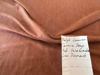 By Yard Ralph Lauren Carmine Red Raspberry Stoned Washed Linen Damask in Renaissance Medallion