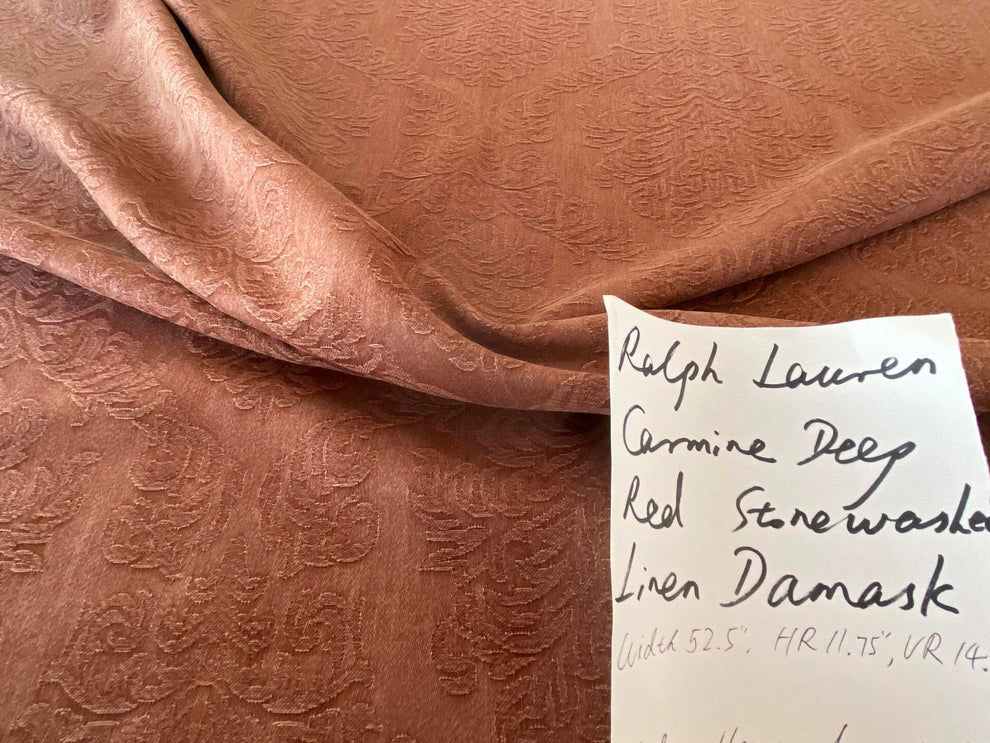 By Yard Ralph Lauren Carmine Red Raspberry Stoned Washed Linen Damask in Renaissance Medallion