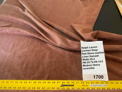 By Yard Ralph Lauren Carmine Red Raspberry Stoned Washed Linen Damask in Renaissance Medallion