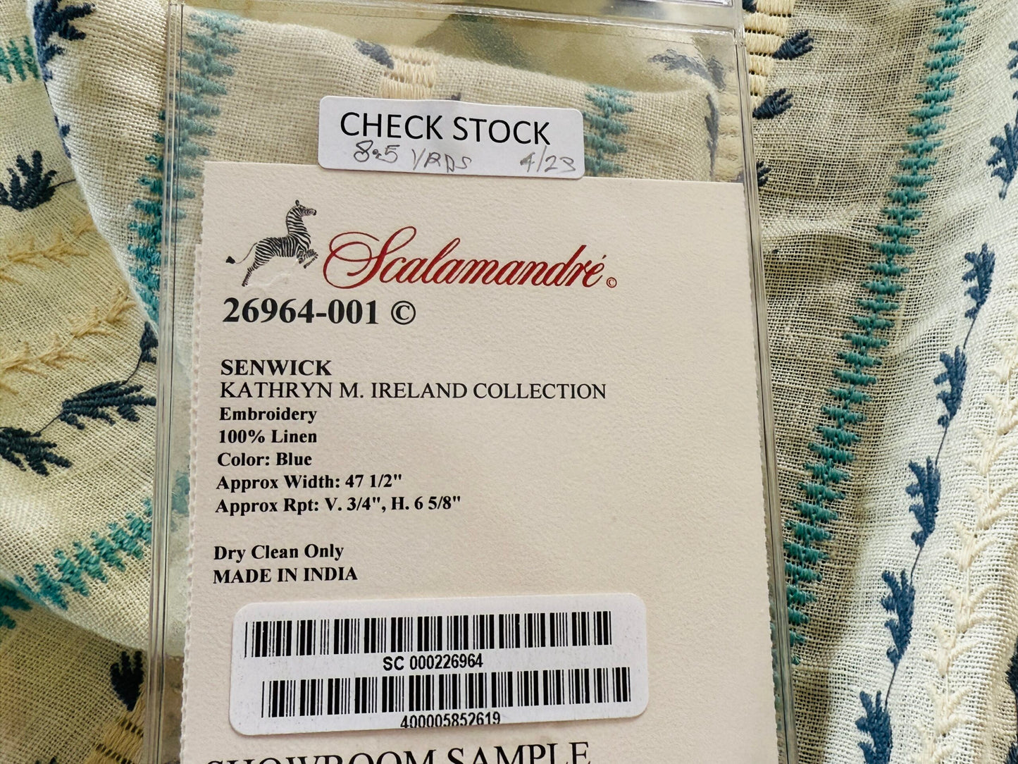 11 Berkbox107 1.2yards Scalamandre Senwick Stripe Blue Cream Linen Embroidery MSRP USD 398/Y