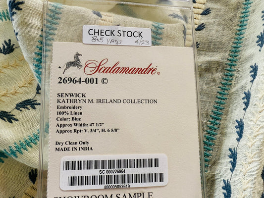 11 Berkbox107 1.2yards Scalamandre Senwick Stripe Blue Cream Linen Embroidery MSRP USD 398/Y