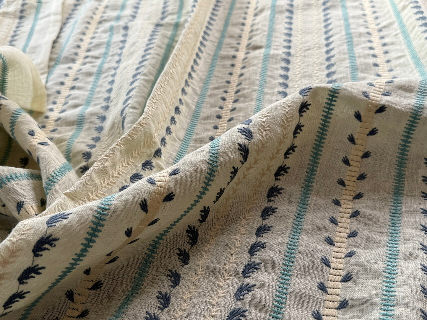 11 Berkbox107 1.2yards Scalamandre Senwick Stripe Blue Cream Linen Embroidery MSRP USD 398/Y