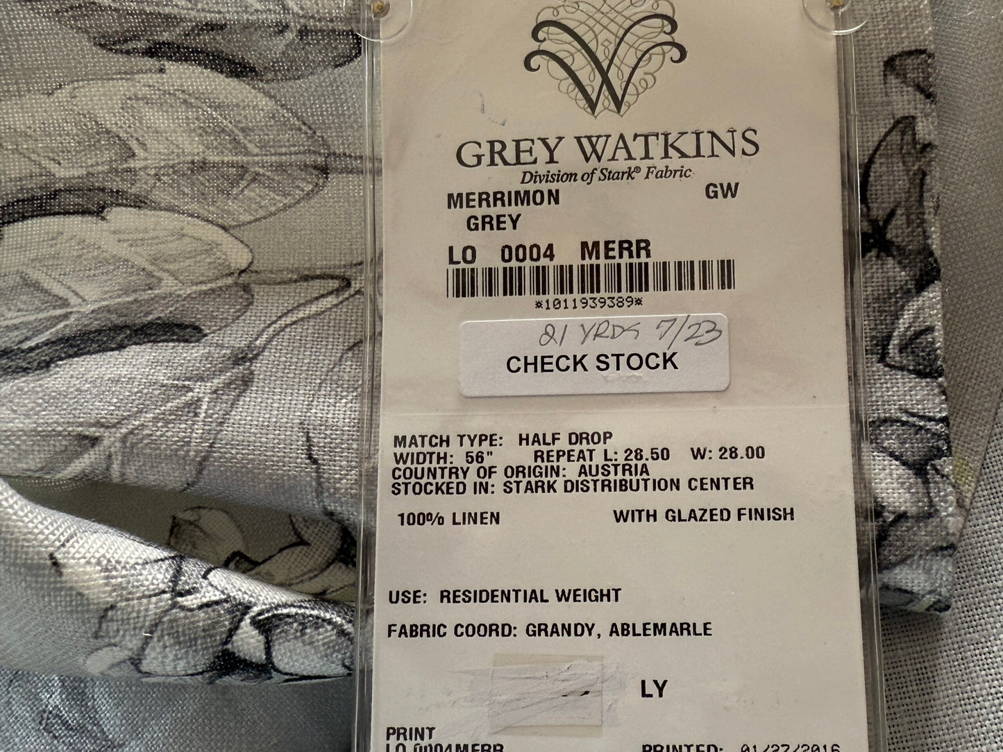12 Berkbox107 1.2yards Scalamandre Merrimon Grey Linen Floral 100% Linen with Glazed finish MSRP 346/y