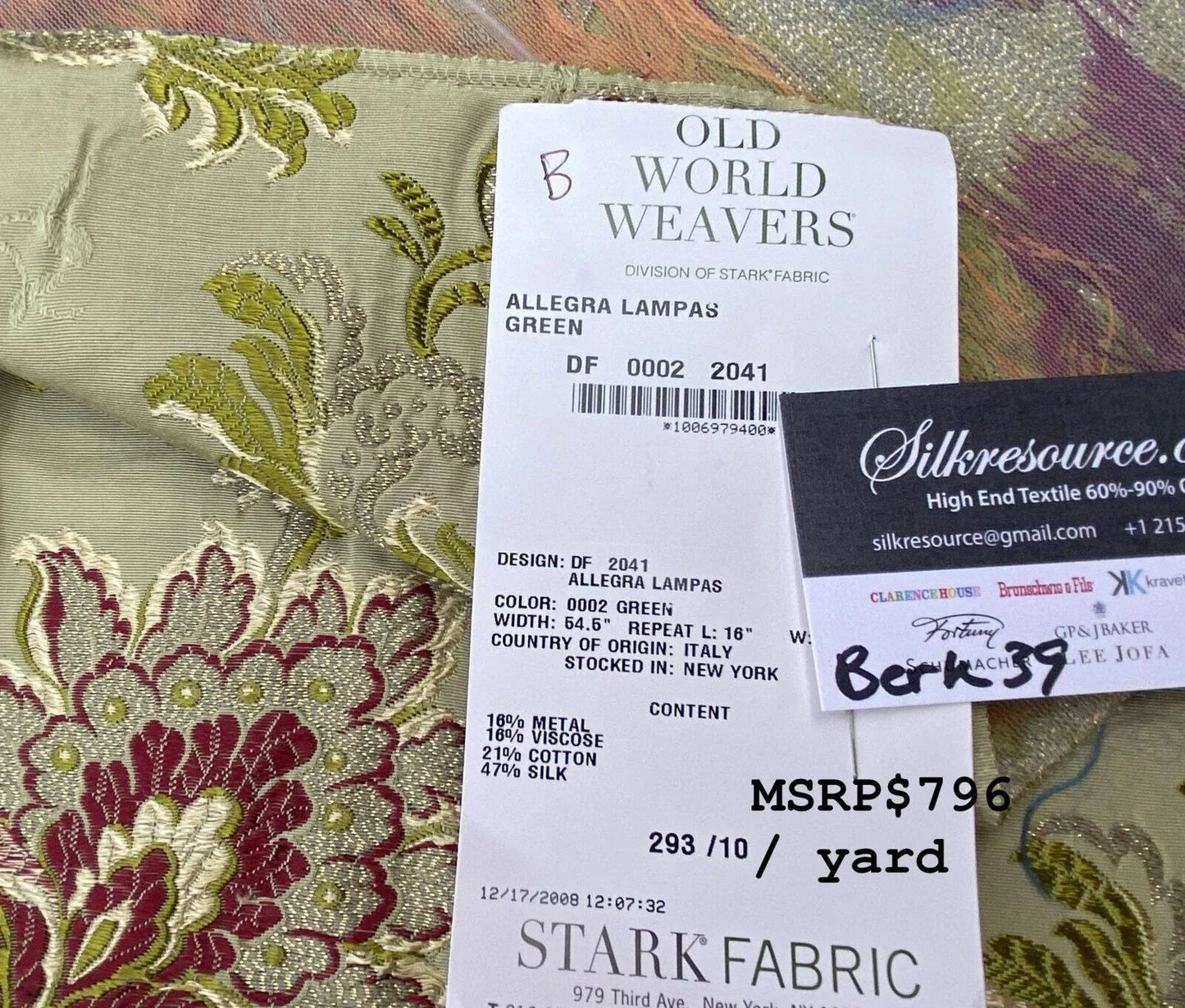 12b Berkbox39 Tassinari &amp; Chatel Scalamandre Allegra Lampas Green Silk Metal Brocade MSRP USD 796/Yard