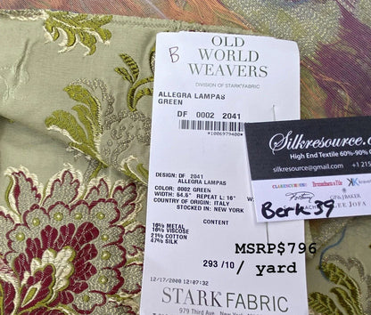 12b Berkbox39 Tassinari &amp; Chatel Scalamandre Allegra Lampas Green Silk Metal Brocade MSRP USD 796/Yard
