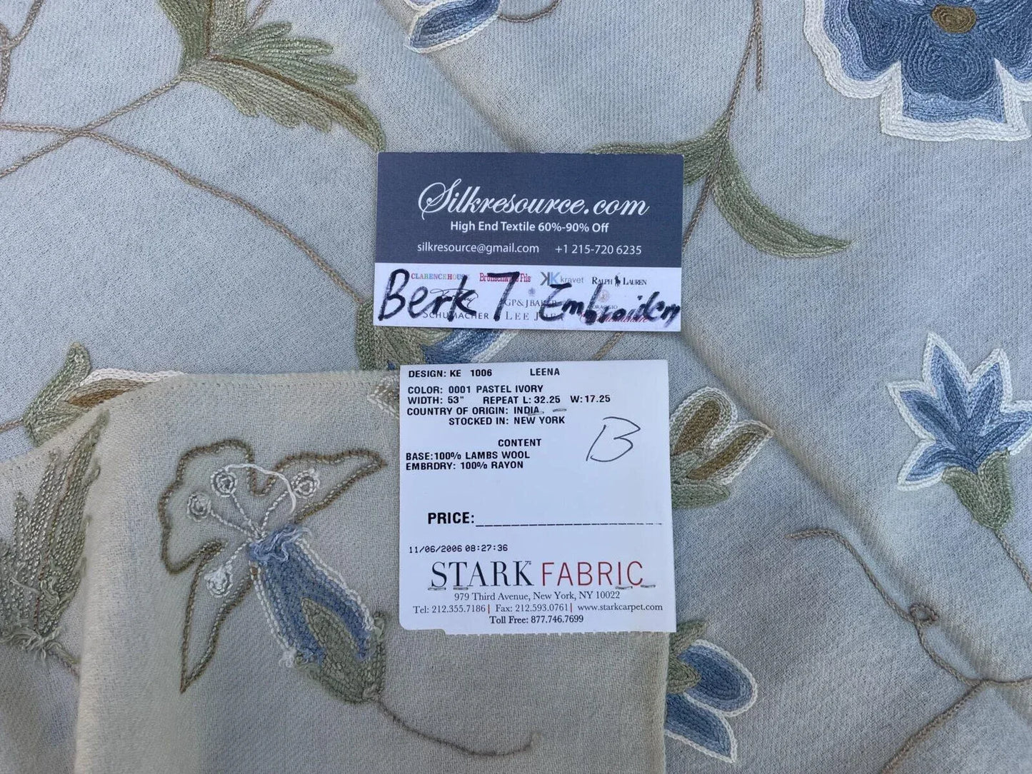 9b Berkbox7 Scalamandre Leena Pastel Ivory Wool Crewel Embroidery MSRP USD 380/Y