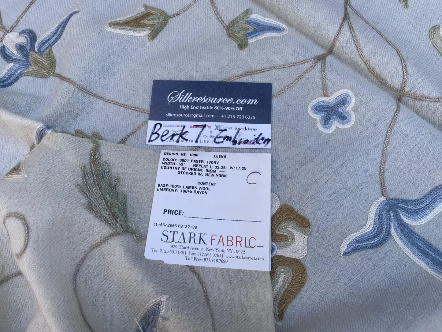 9c Berkbox7 Scalamandre Leena Pastel Ivory Wool Crewel Embroidery MSRP USD 380/Y