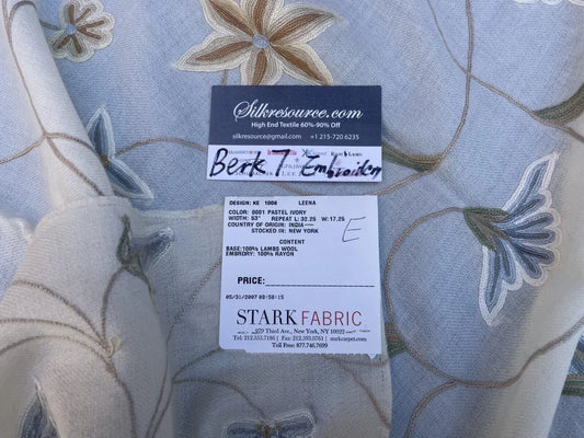 9e Berkbox7 Scalamandre Leen Pastel Ivory Wool Crewel Embroidery MSRP USD 380/Y