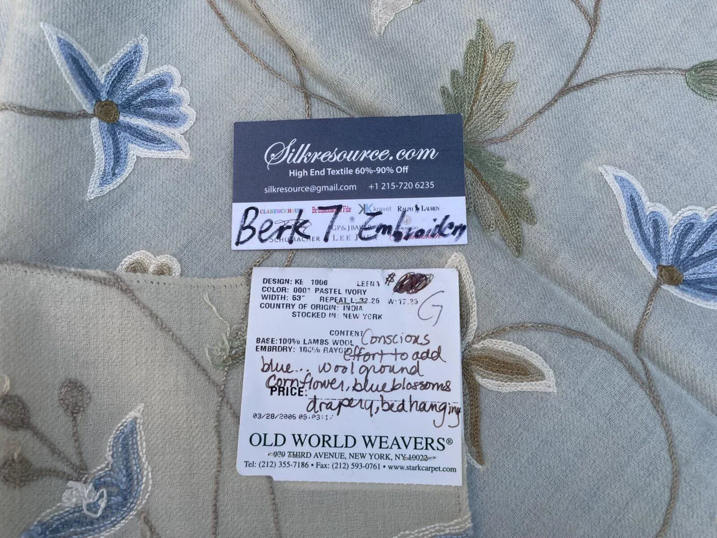 9g Berkbox7 Scalamandre Leen Pastel Ivory Wool Crewel Embroidery MSRP USD 380/Y