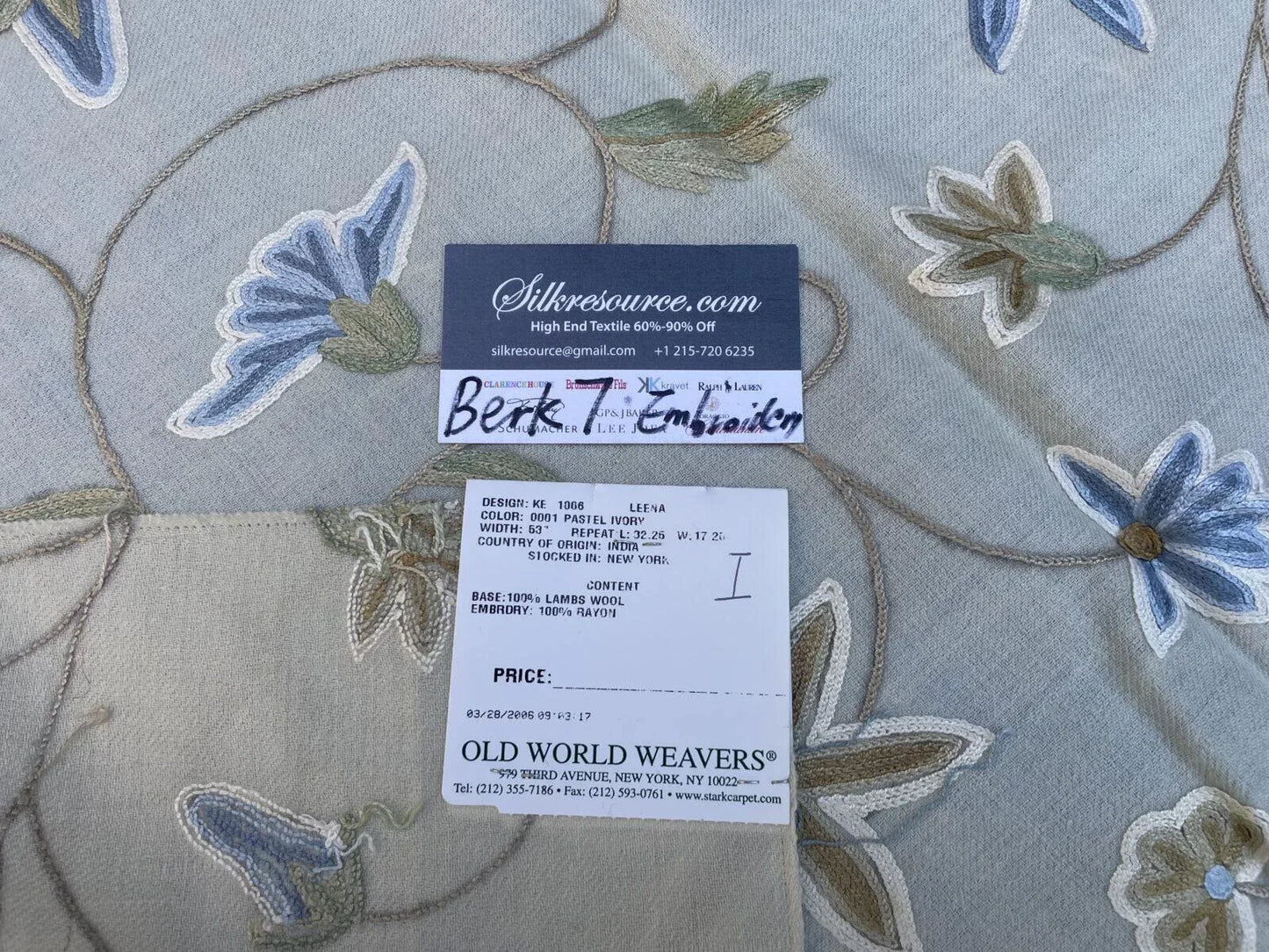 9i Berkbox7 Scalamandre Leen Pastel Ivory Wool Crewel Embroidery MSRP USD 380/Y