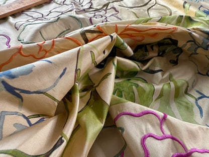 22 Berkbox107 1.2y Scalamandre Fantasy Garden Apricot Blues Cream Rose Lavender Blue Pink on Apricot Gold Silk Print Embroidery MSRP USD 342/Y