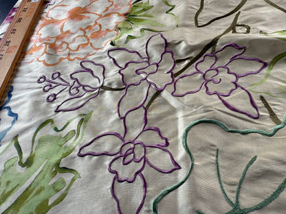 22 Berkbox107 1.2y Scalamandre Fantasy Garden Apricot Blues Cream Rose Lavender Blue Pink on Apricot Gold Silk Print Embroidery MSRP USD 342/Y