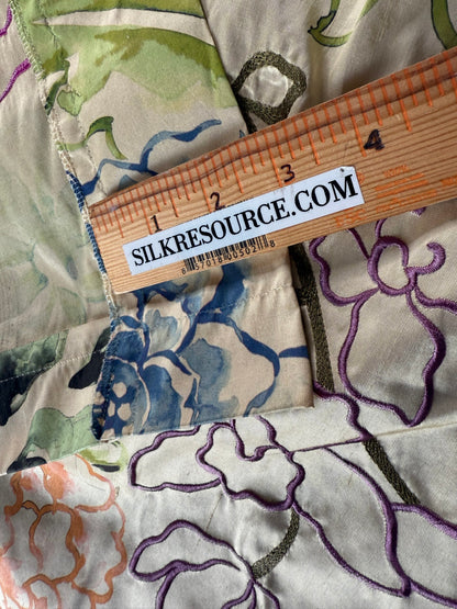 22 Berkbox107 1.2y Scalamandre Fantasy Garden Apricot Blues Cream Rose Lavender Blue Pink on Apricot Gold Silk Print Embroidery MSRP USD 342/Y