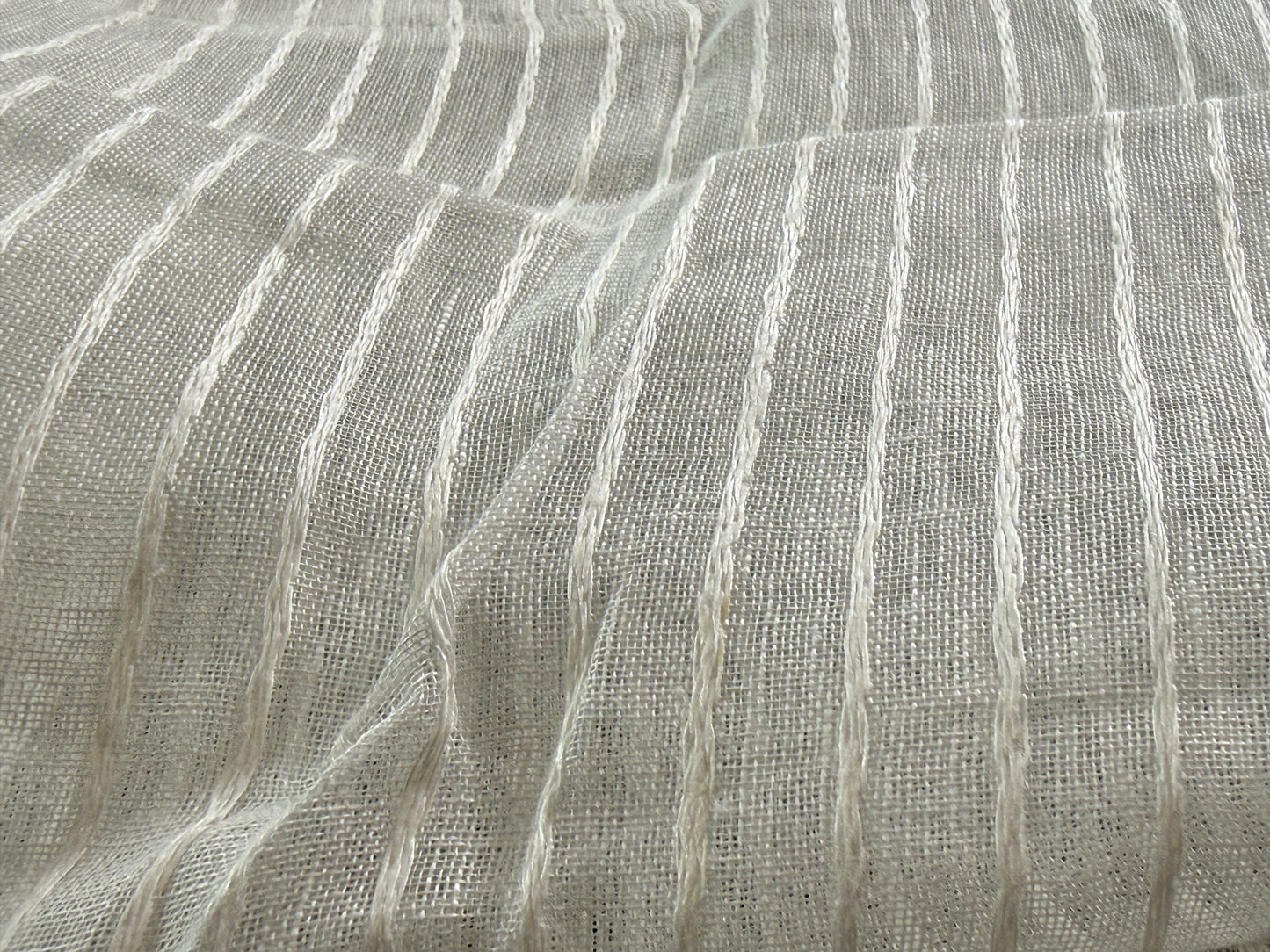 Scalamandre Janelle Linen Sheer Oyster White Stripe Texture 100% Linen - 1.2 yards plus long tail