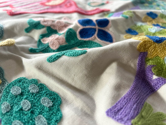 Scalamandre Nursery Crewel Pastels Novelty Embroidery Acrylic Fabric- White  - Special Order