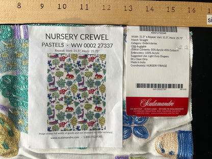 Scalamandre Nursery Crewel Pastels Novelty Embroidery Acrylic Fabric- White  - Special Order
