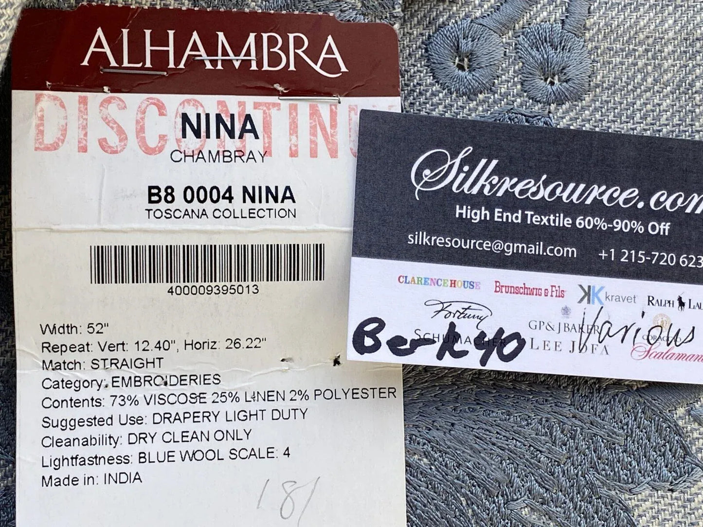 12 Berkbox40 Scalamandre Alhambra Various Nina Chambray Embroidery MSRP USD400+
