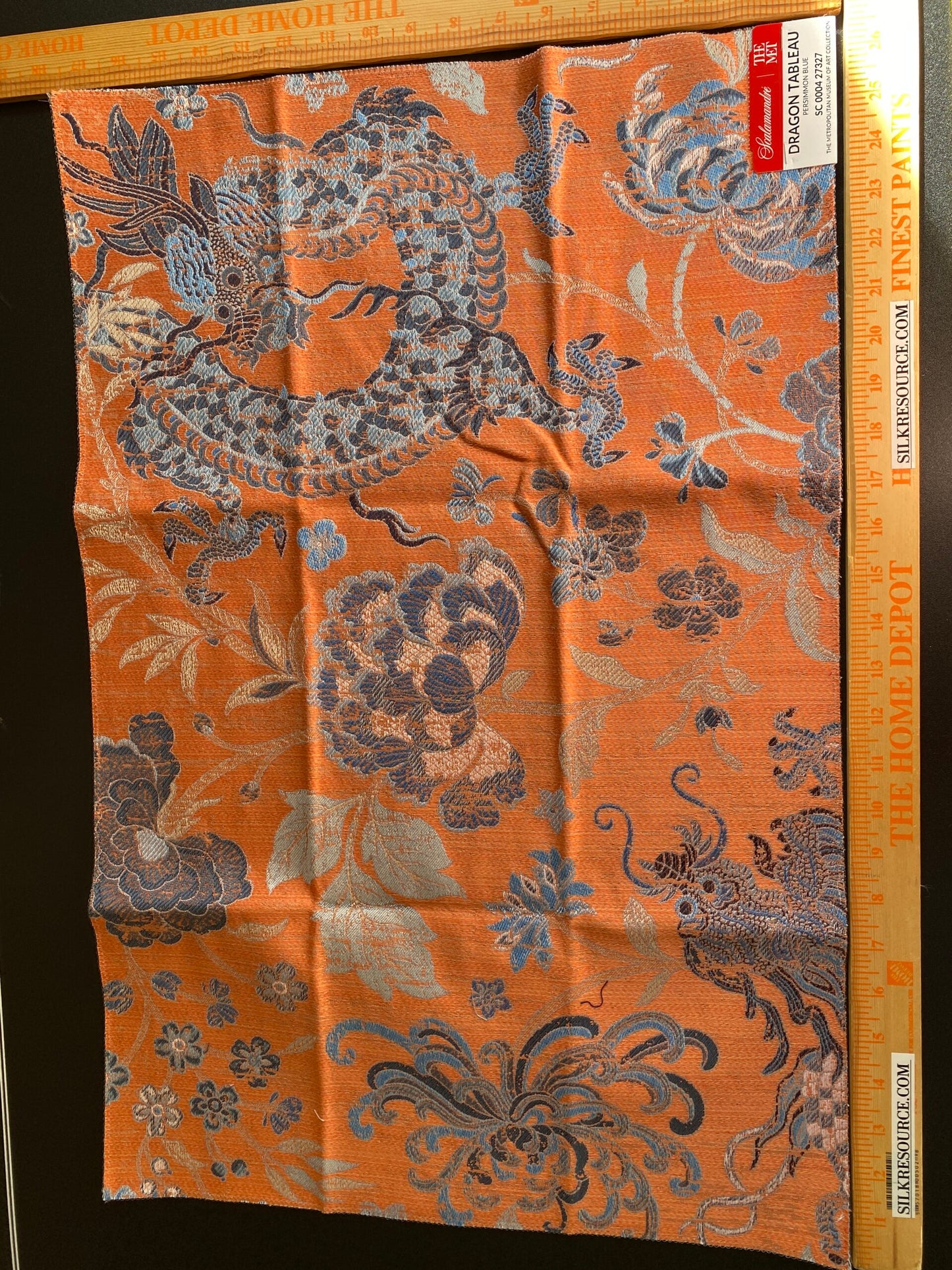by yard Scalamandre Dragon Tableau Persimmon Blue Lampas Chinoiserie Orange MSRP USD 716/y