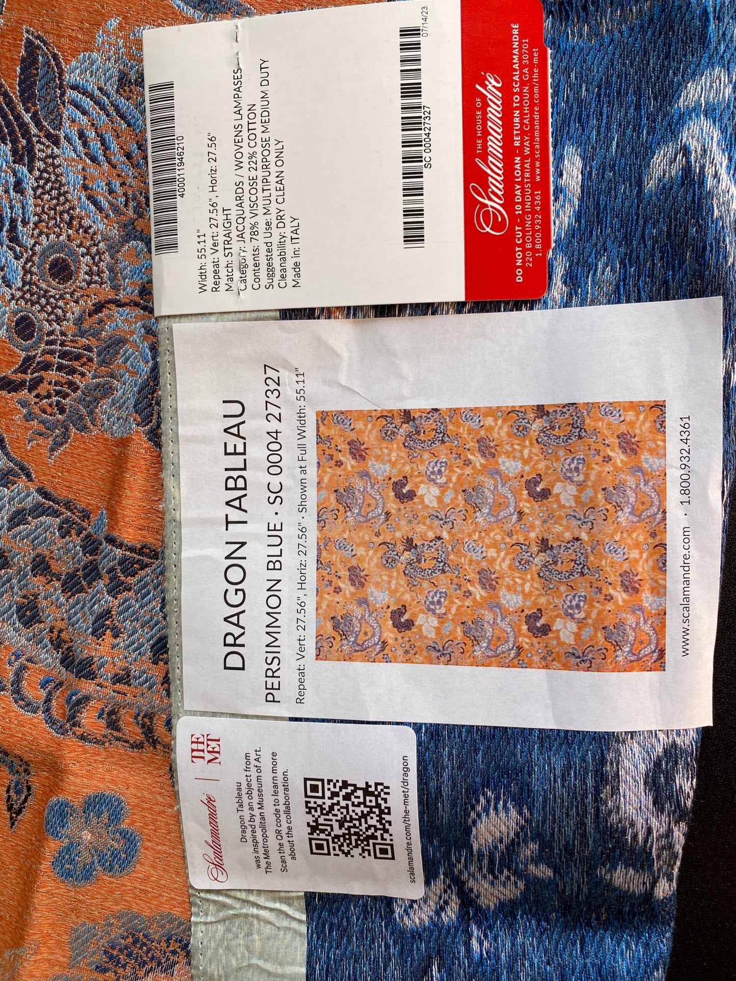 by yard Scalamandre Dragon Tableau Persimmon Blue Lampas Chinoiserie Orange MSRP USD 716/y