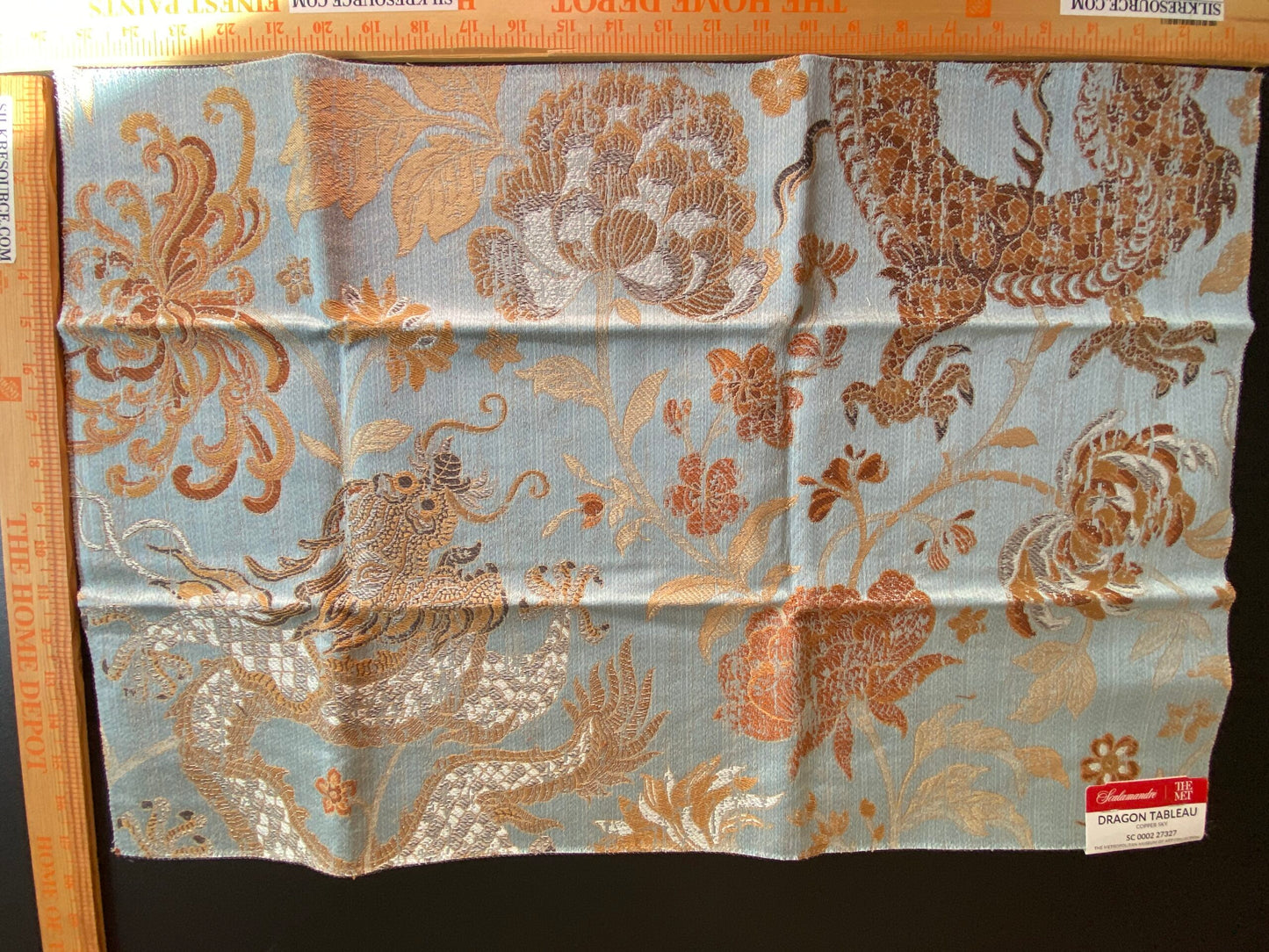 by yard Scalamandre Dragon Tableau, Copper Sky Lampas Chinoserie Blue MSRP USD 716/y