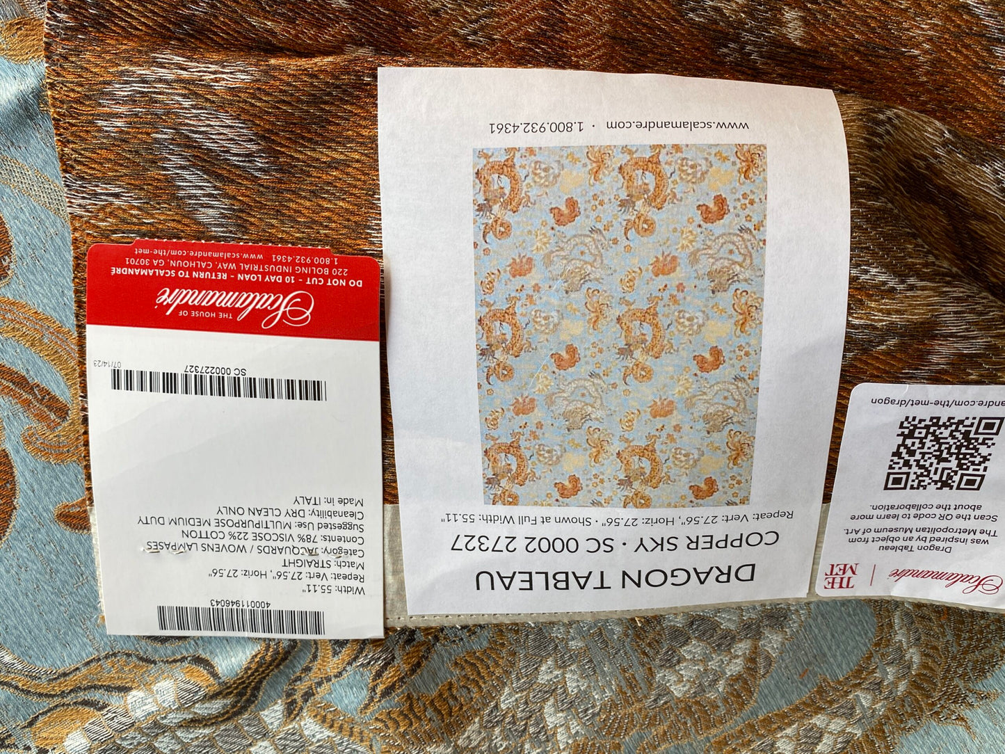 by yard Scalamandre Dragon Tableau, Copper Sky Lampas Chinoserie Blue MSRP USD 716/y