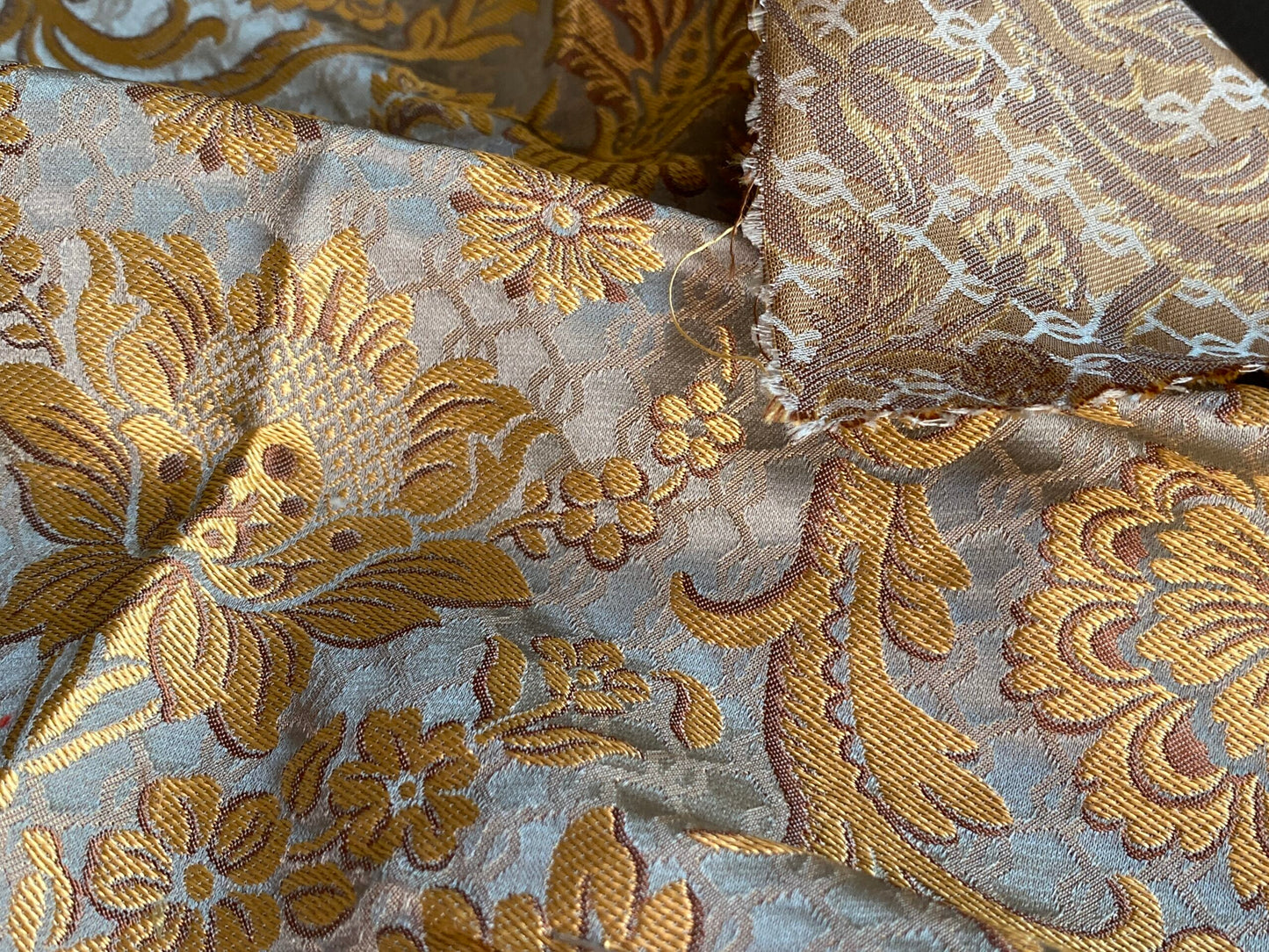 In Name of Rose Medallion Acanthus Renaissance Silk Damask Jacquard Blue & Gold MSRP USD 225Y